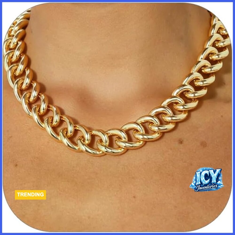 14K Gold Plated Chunky Cuban Chain Necklace, Lightweight Statement Jewelry
